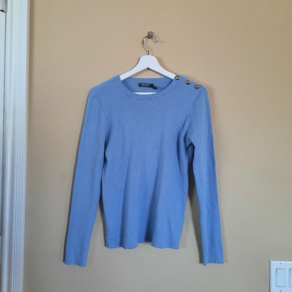 Lauren Ralph Lauren Cornflower Blue Ribbe Sweater Cardigan Gold Detail Classic